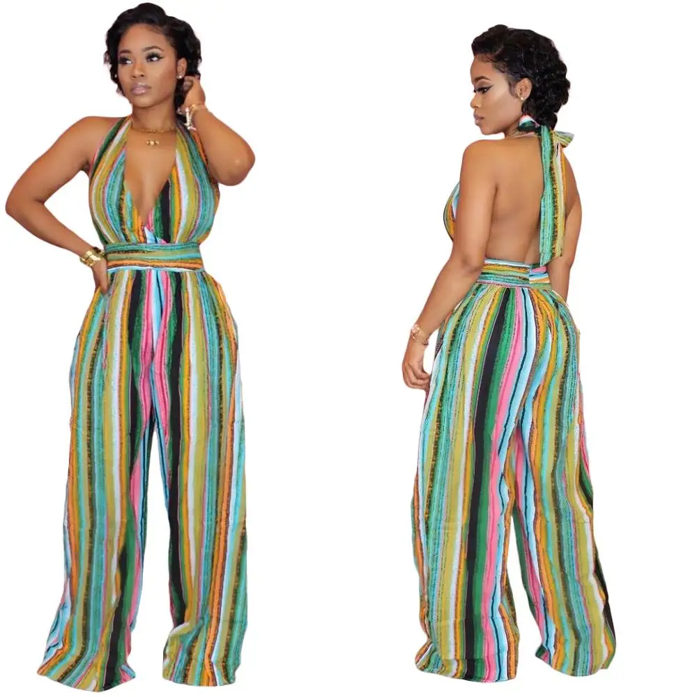 

Summer Women Jumpsuits Sleeveless Halter Striped Print Loose Rompers Sexy Night Club Party Elegant One Piece Outfits Free Ship
