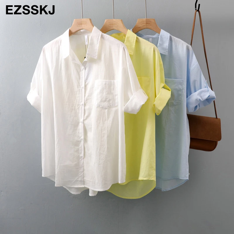 

Блузка женская полупрозрачная хлопковая с рукавом до локтя, повседневная разноцветная рубашка свободного покроя, 2021