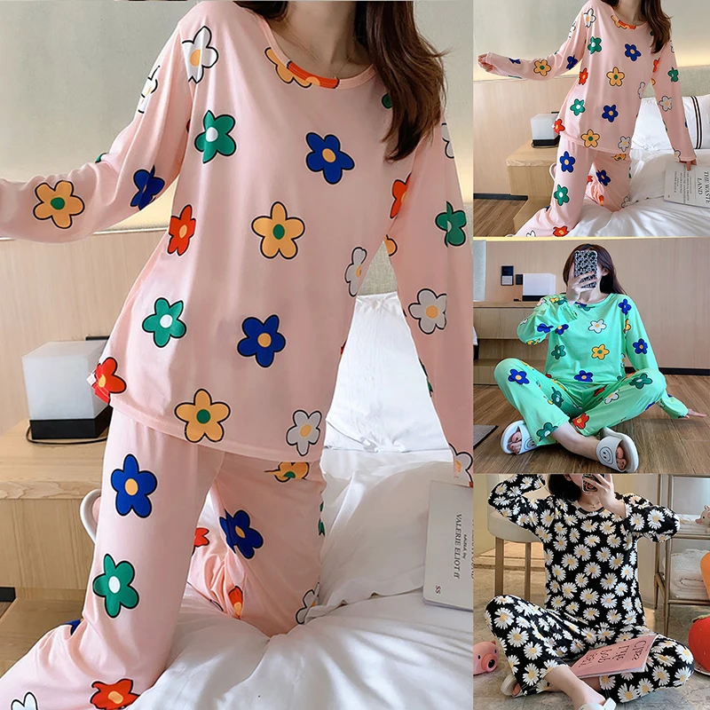

2022 Long Sleeve Print Pajamas Polyester Set Women Sleepwear Set Nightwear For Women Sleepwear Long Pant