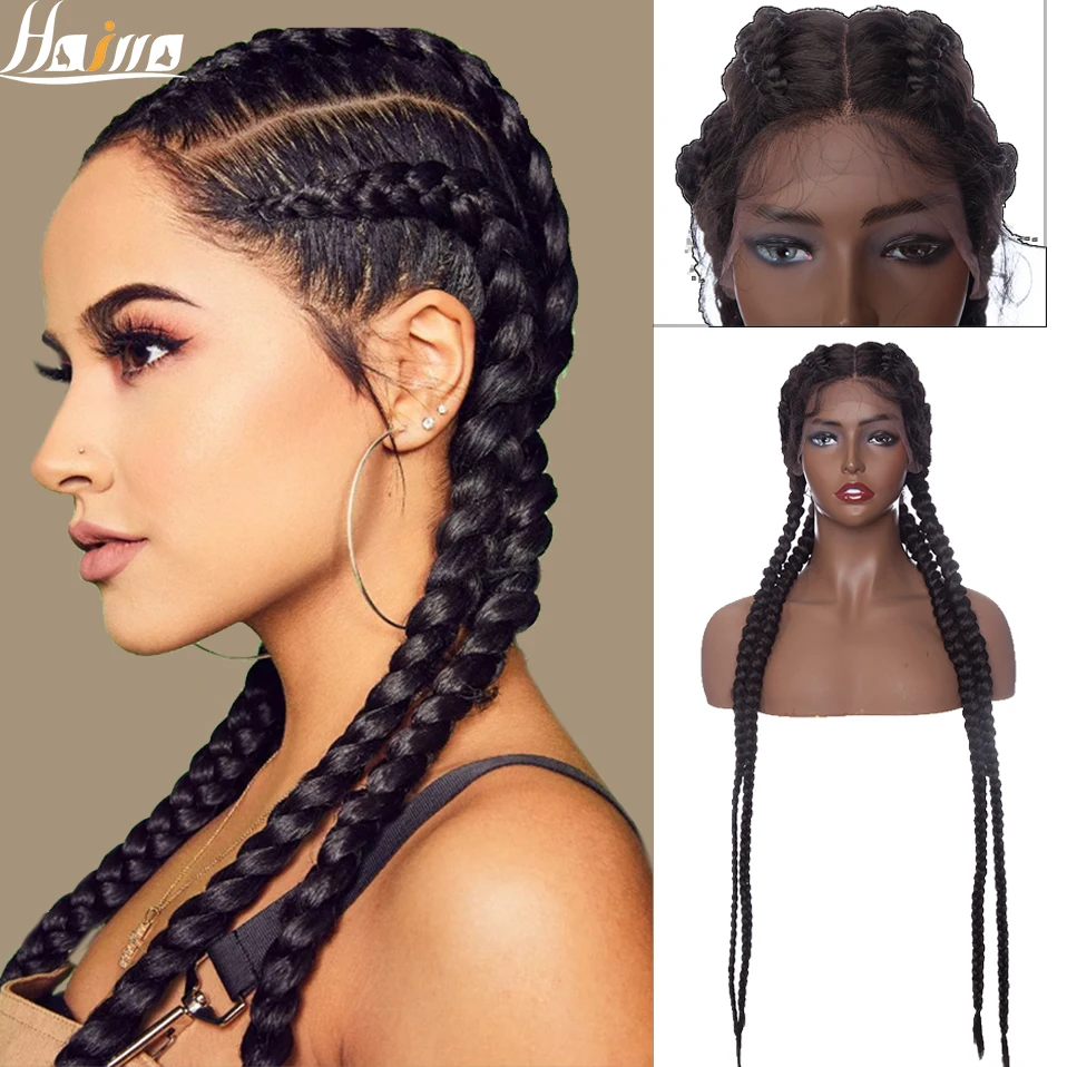 HAIRRO 32 Inches Braided Wigs Synthetic Lace Front Wig For Black Women Cornrow Braids Lace Wigs with Baby Hair Box Braid Wig