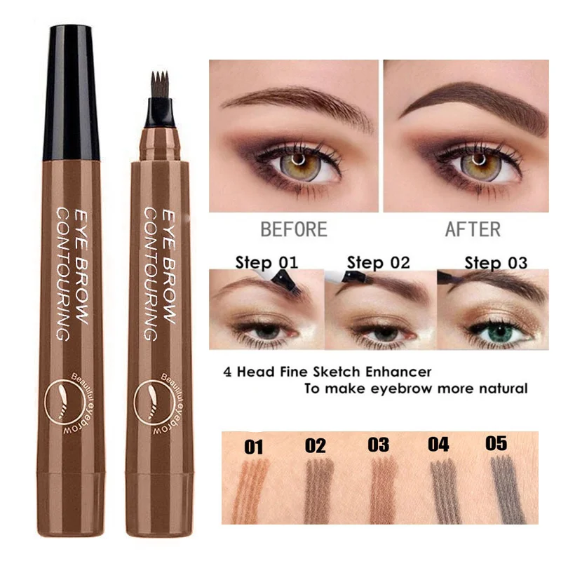 Жидкая ручка для макияжа бровей 5 цветов 4 точки темно коричневая водостойкая