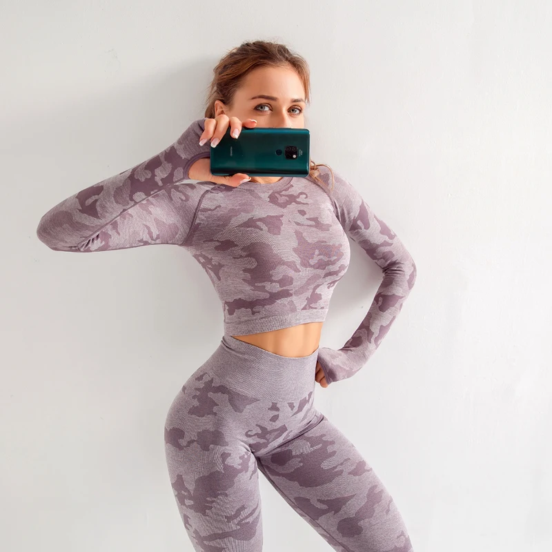 

Camouflage Yoga Set Women Seamless Fitness Clothing Yoga Long sleeves Top + Gym Leggings Set Woman Workout Clothing