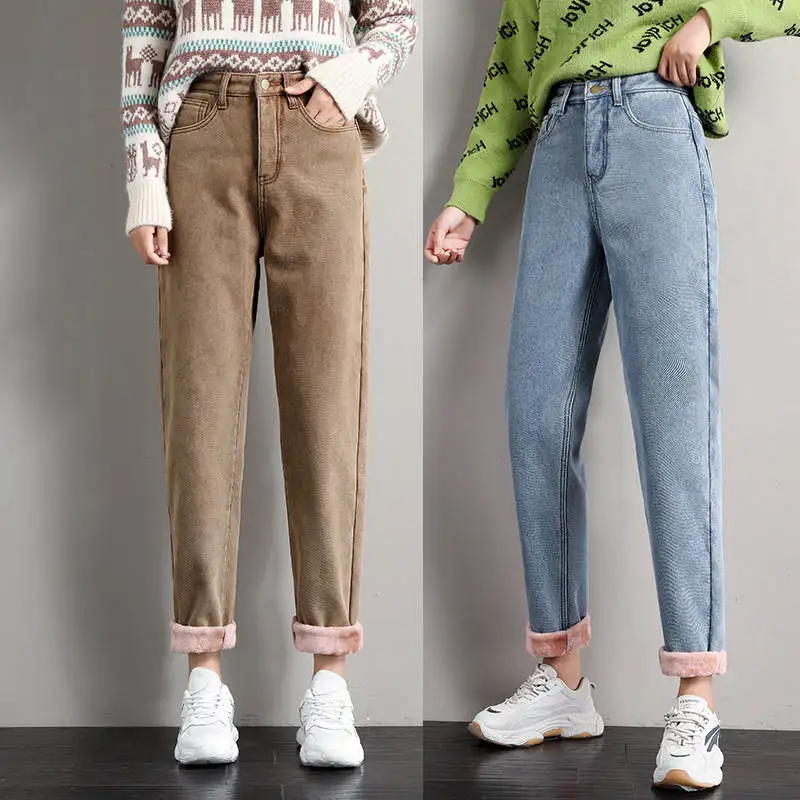 

Plus Velvet Thick Jeans For Women Autumn Winter Pants Women Straight High Waist Loose Denim Harem Pants Casual Warm Jeans C6728