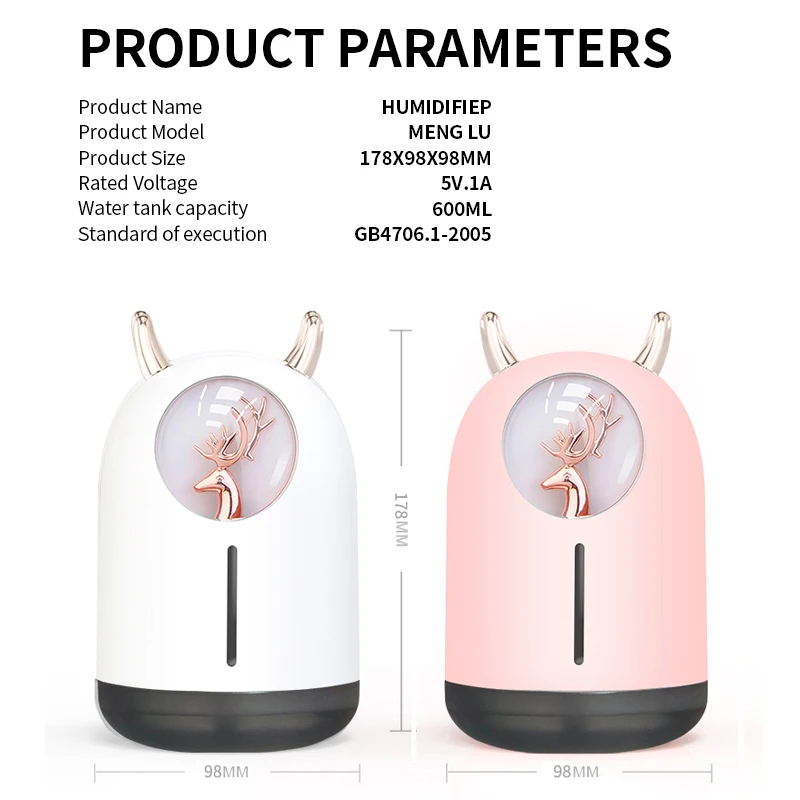 

600ml Large Capacity Humidifier USB Ultrasonic Cute Deer Aroma Diffuser Cool Mist Maker Air Humidificador With Colorful Light