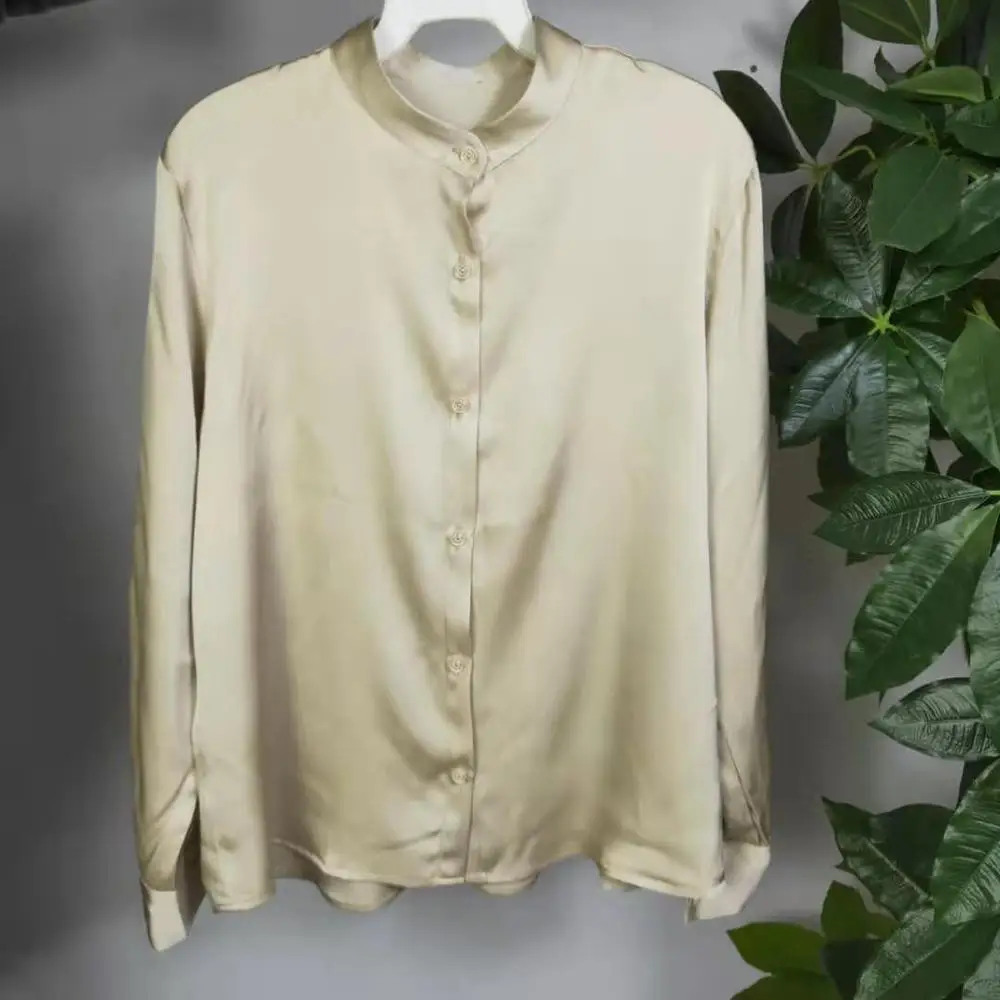 Женская летняя блуза из 100% натурального шелка Базовая рубашка с длинным рукавом