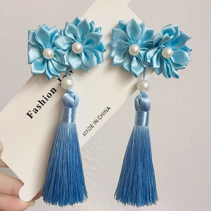 

A pair of blue series Chinese style fringed ribbons, children's hairpin, flower headdress, Tang suit, Hanfu accessories, head fl