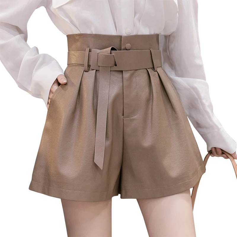 

2021 New Autumn Winter Black PU Faux Leather Women's Shorts Sashes High Waist Wide Leg Shorts Elegant Female Solid Trousers