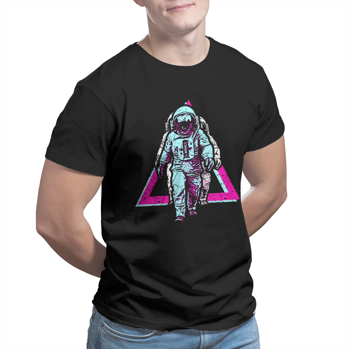 

Men's T-shirts Retro Astronaut Black Vintage Kawaii Anime Round Collar Tshirts 33355