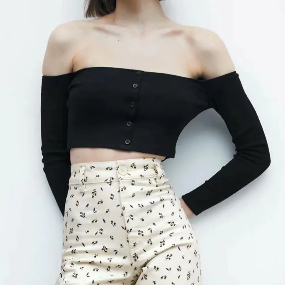 

Women's spring 2021 new style straight stretch striped long sleeves slim slimming breasted shoulder short T-shirt top women
