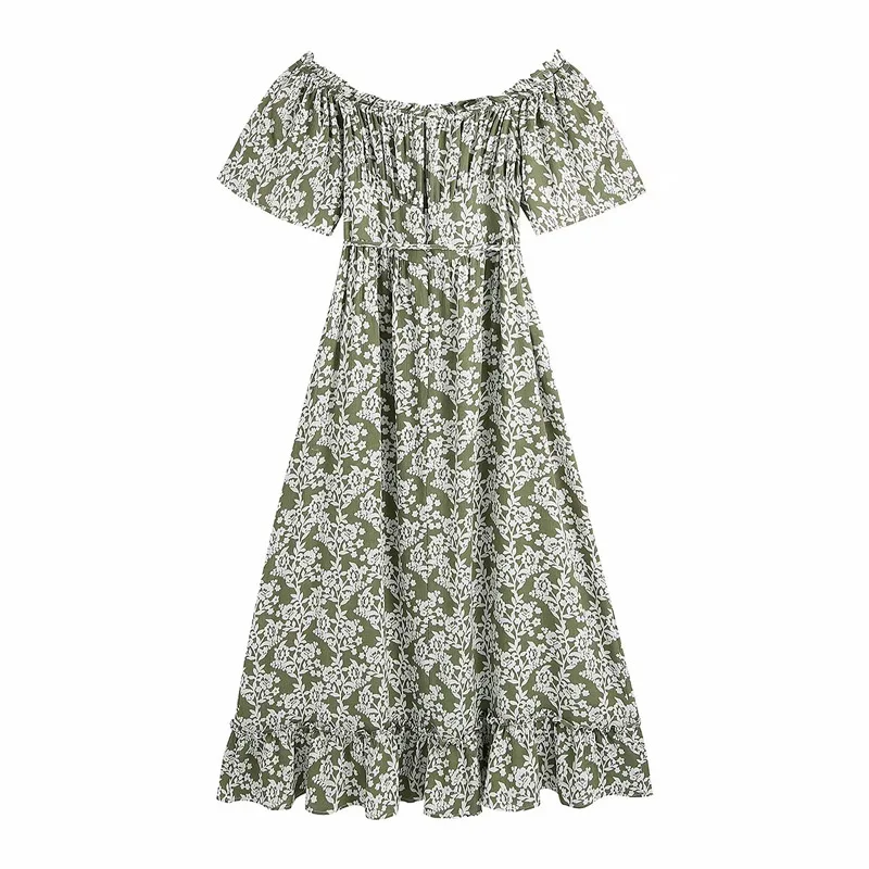 

Summer women's casual floral print off-the-shoulder short-sleeved ruffled dress