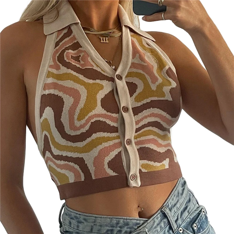 

Hirigin Female Wave Pattern Vintage Knitted Sweater Korean Style Tops Knitting Vest Woman Sweater Vest For Women Top Sweater