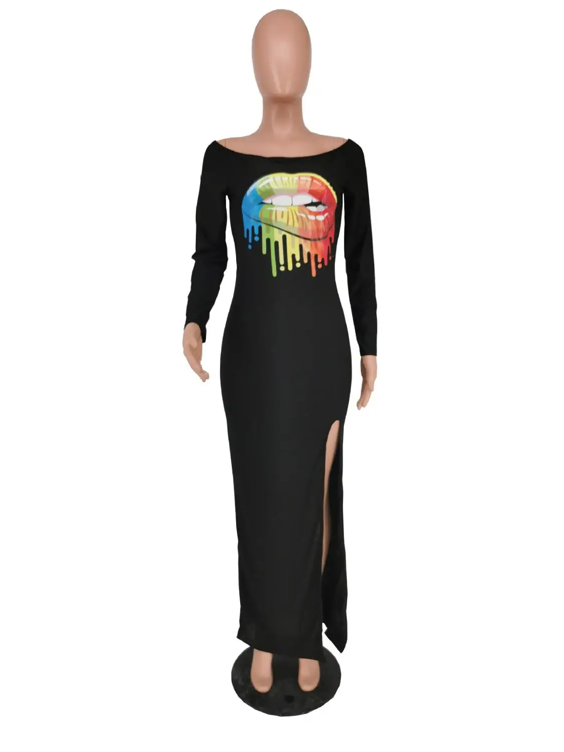 

Women Autumn Winter Lips Print Off Shoulder Long Sleeve High Side Split Maxi Long Slim Dress
