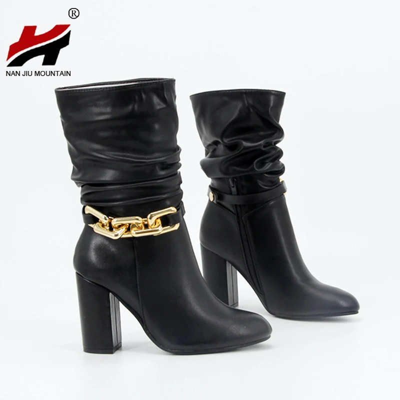 

2021 Women Boots High Heels Mid Boot Black Pointed Shoes Metal Decoration Side Zipper Simple Woman Shoes Autumn And Winter