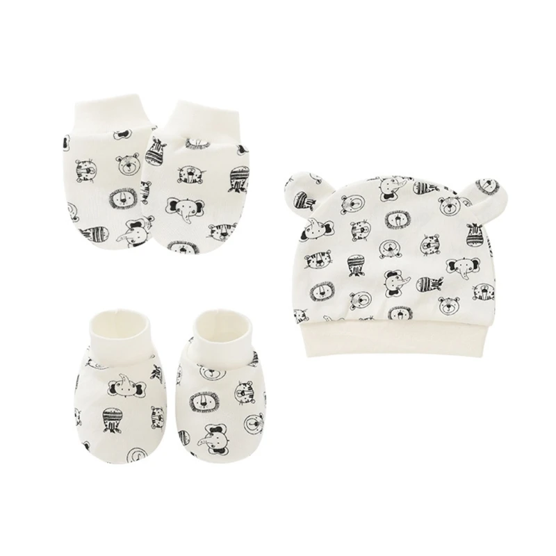 

Baby Anti Scratching Cotton Gloves+Ears Hat+Foot Cover Set Mittens Socks Beanie GXMB