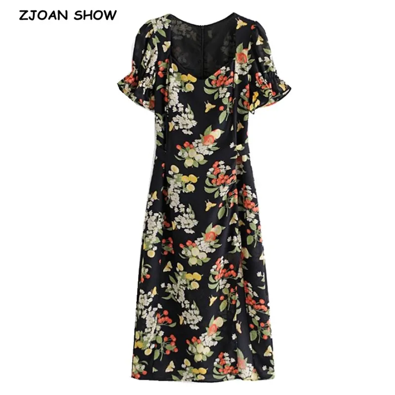 

2021 Spring France Vintage Square Collar Puff Short sleeve Flower Print Midi Dress Women Tie Bow Sashes Ruched Hem Slit Dress