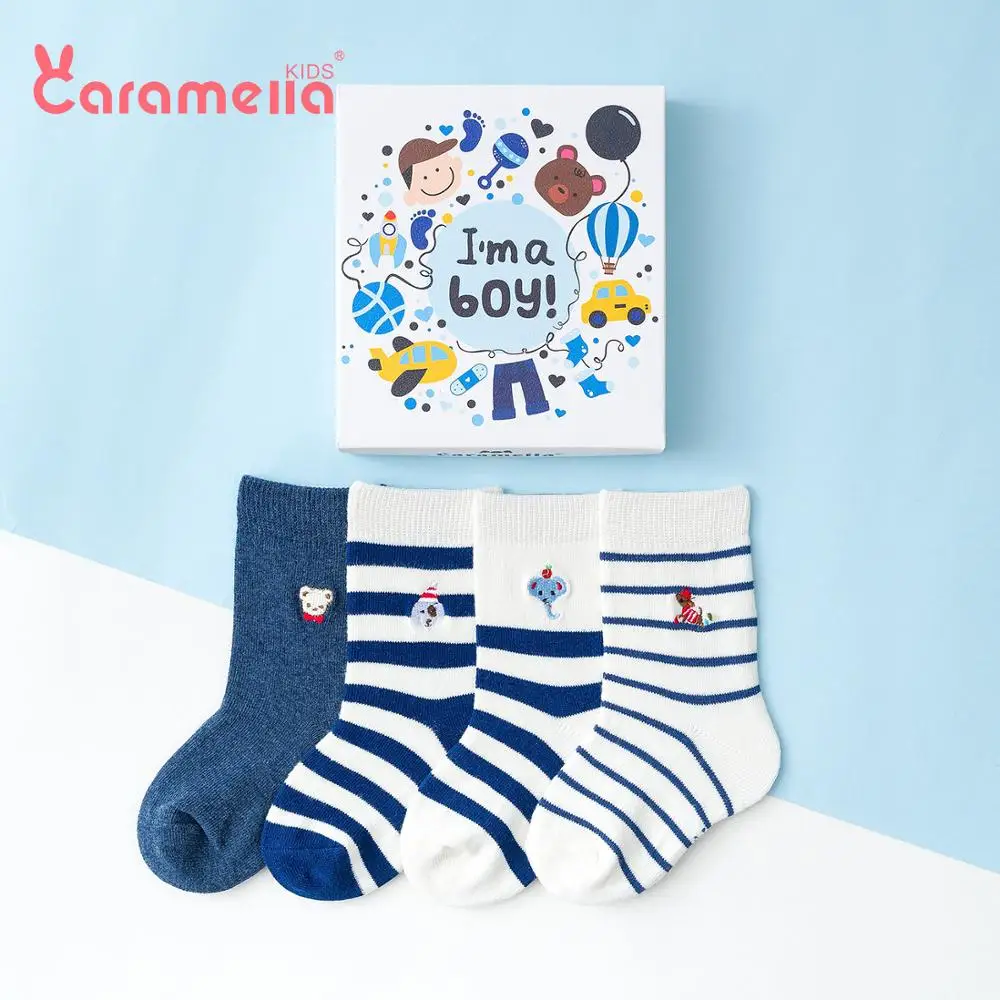 

Caramella 4Pairs Autumn Winter Stripe Cotton Kids Socks Animal Bear British Style Baby Girl Boy Gender-neutral Hosiery Gift Box