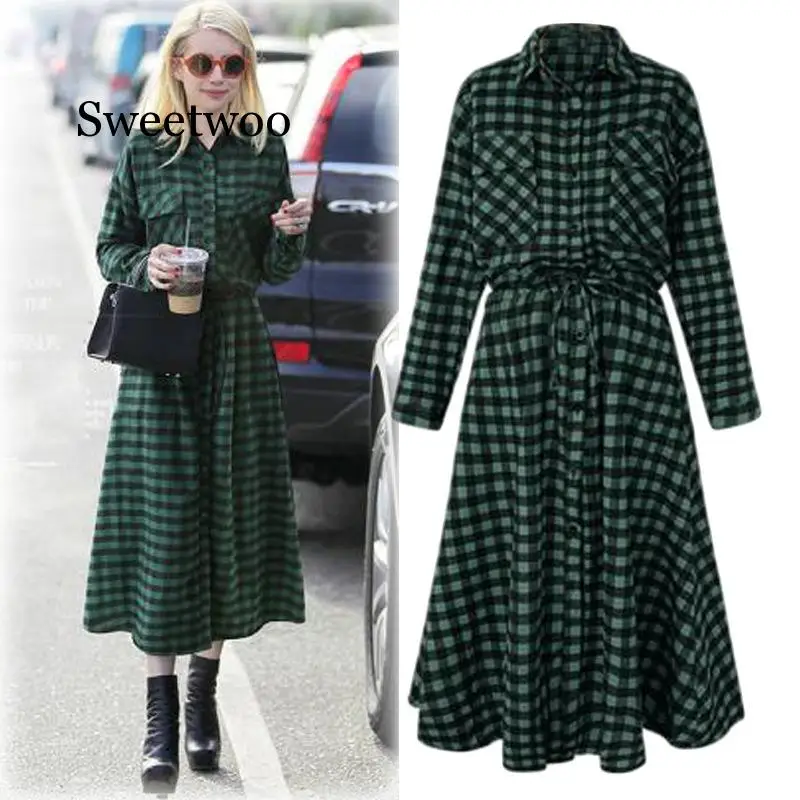 

Red Checkered Dress Women Spring Vintage Front Button Sashes Long Sleeve Slim Fit Ladies Plaid A-line Dress Cotton 5xl
