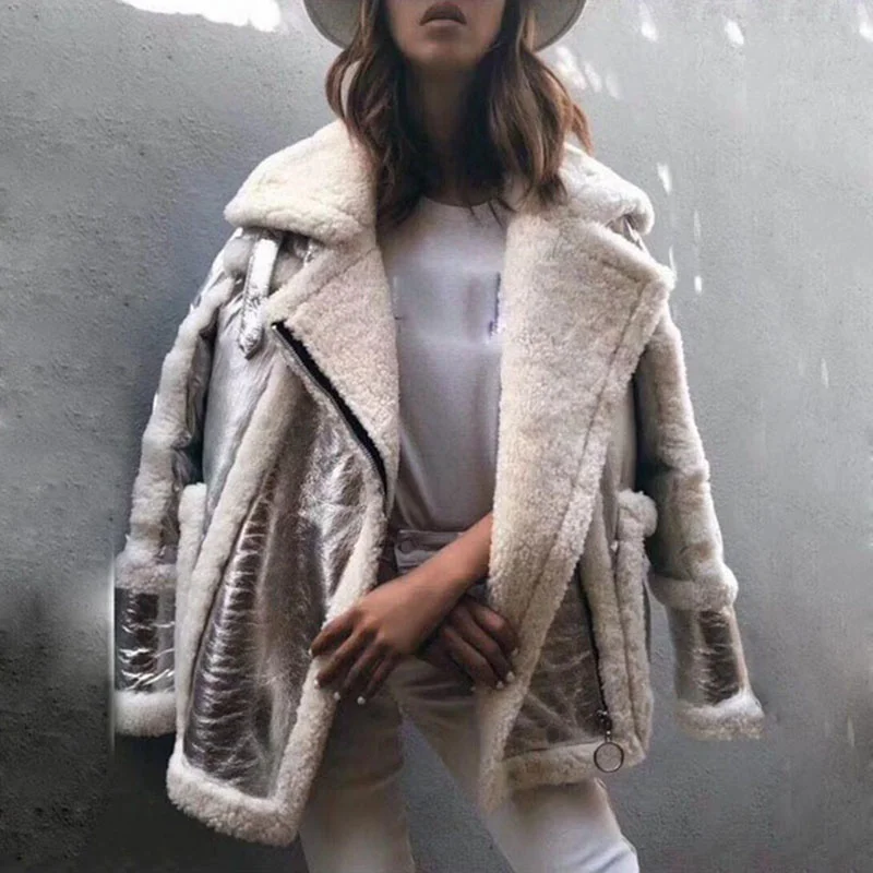 

SHZQ Winter Women Coat Genuine Sheepskin Leather Sheep Fur Duck Down Coat Female Jackets Silver Color Loose Size Turn Down Colla