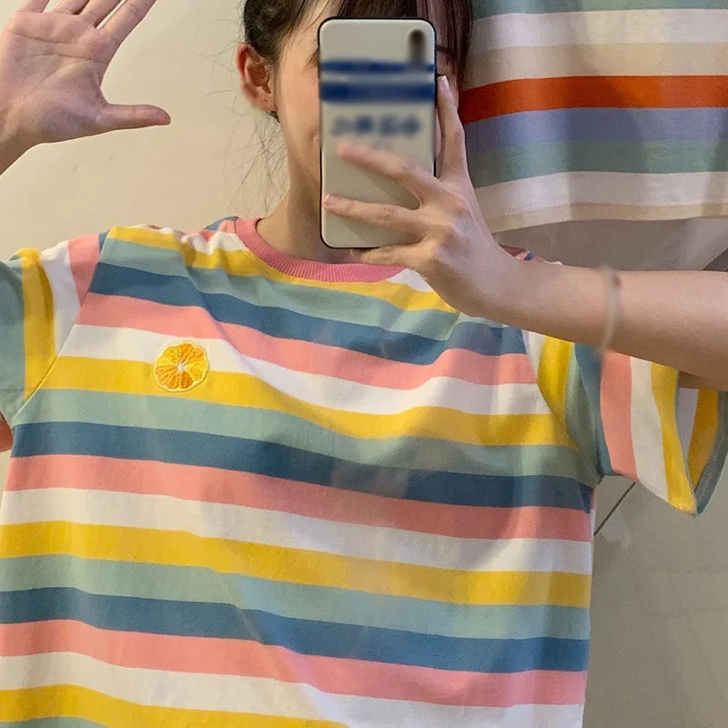 

Rainbow Striped T-shirt Girls Short Top Casual Loose Embroidered Bottoming Tee Short Sleeves Female Crop Top Ladies Shirt
