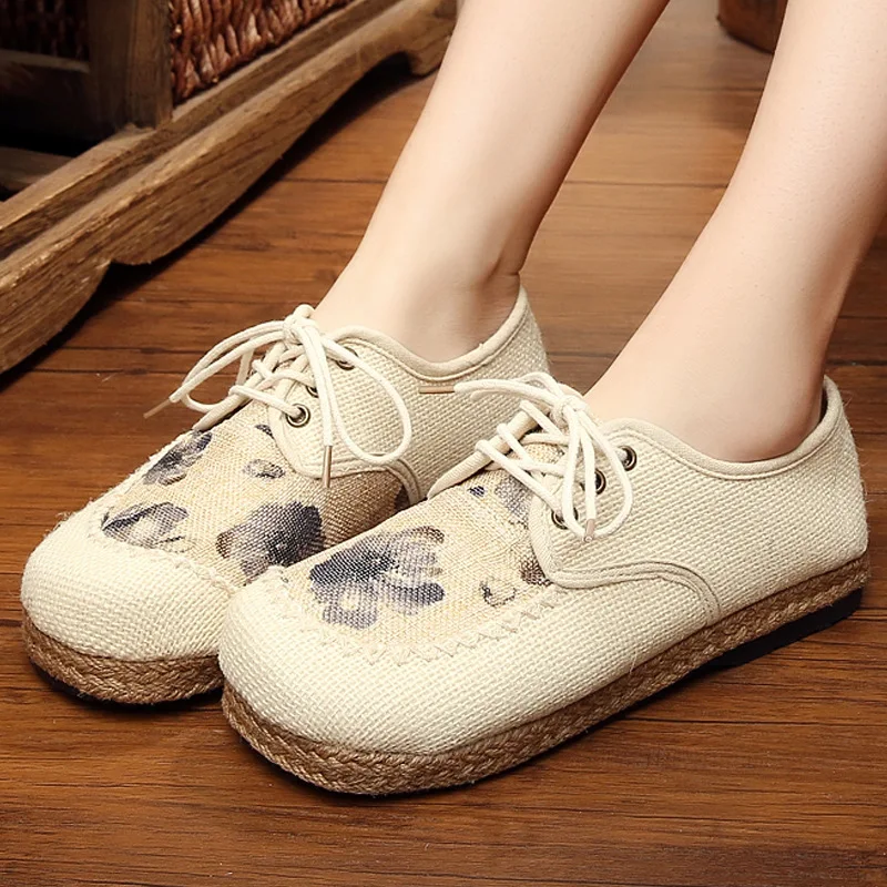 

2020 Cotton Linen Lace up cloth shoes autumn air permeability and comfort women's cloth shoes Garden Style Floral linen shoes