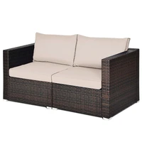 2pcs patio rattan corner sofa sectional furniture conversation set beige cushion hw63871bn