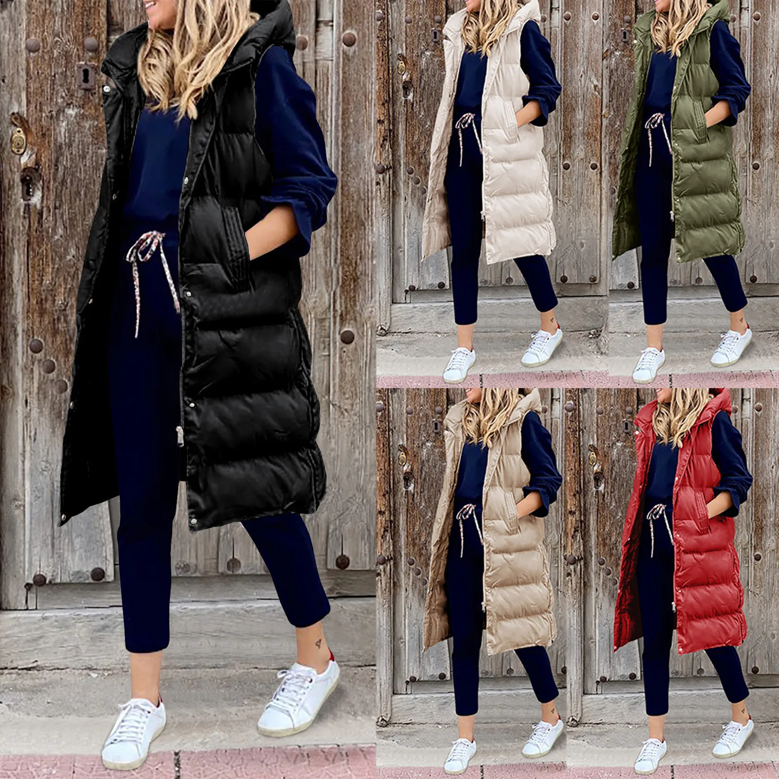 

Women's Long Winter Coat Vest Hoodies Sleeveless Warm Down Coat With Pockets Quilted Vest Down Jacket Quilted Outdoor Overcoats
