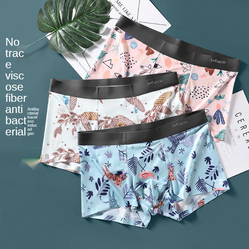 

Brand Miiow Ice Silk Briefs Men's Boxer Pants Non-trace Antibacterial Boys Middle Waist Trend Student Shorts