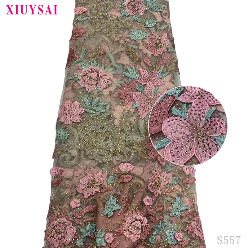 

XIUYSAI 2020 Latest French Nigerian Lace Fabric High Quality Tulle African Laces Polychromatic line Fabric Wedding red Fren S557