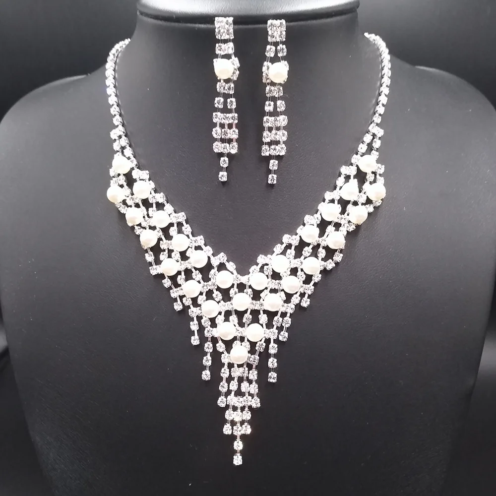 

GU155 блестящие с украшением в виде кристаллов Циркон с жемчугом и с кисточками комплект Популярные невесты капли воды полые Цепочки и ожерел...