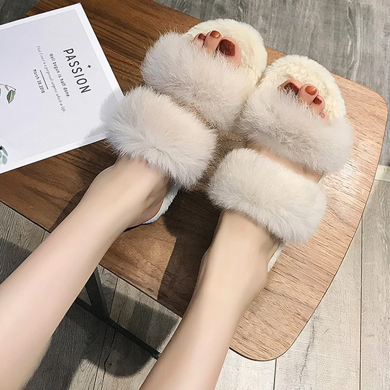 

Furry Fur Slides Real Rabbit Fur Slippers Fluffy Flip Flops Ladies Plush House Slippers Cozy Soft Flat Sandals Women Warm Shoes