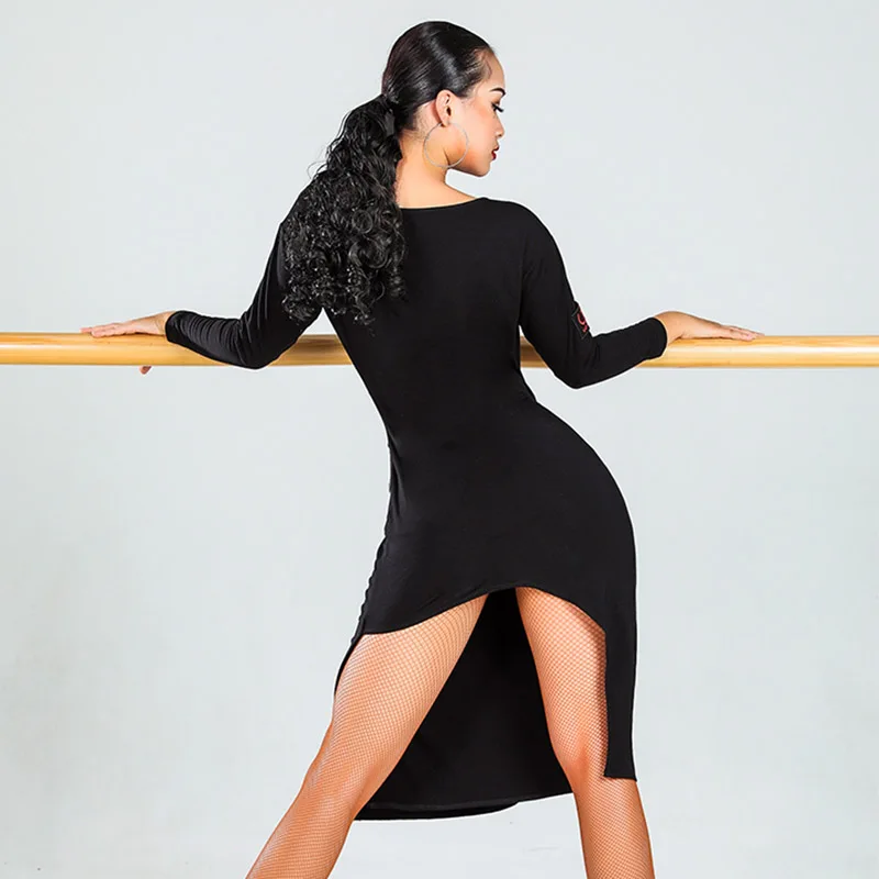 Latin Dance Dress Salsa Tango Rumba Cha Cha Samba Practice Clothes Women Black Long Sleeves Loose Performance Dresses DN4370