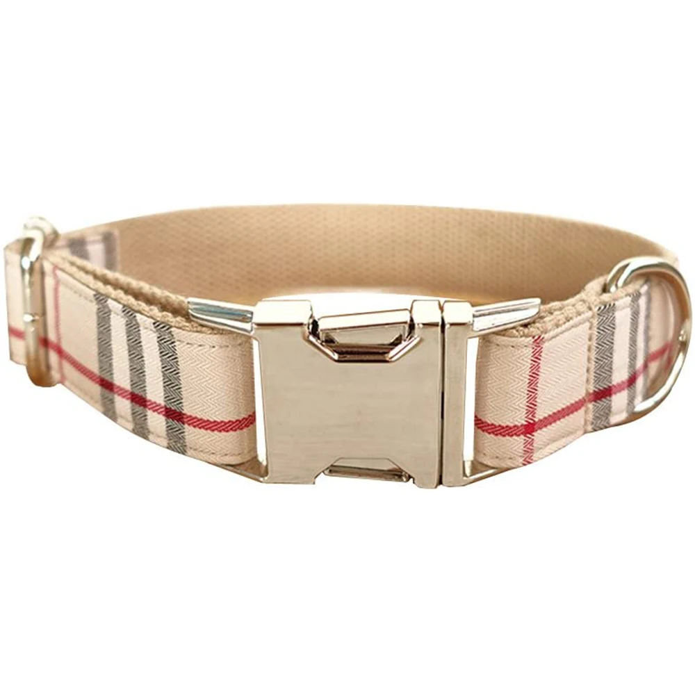 

Customize Nylon Adjustable Dog Collar Khaki Plaid Pattern Zinc Alloy Metal Easy to Use Buckle Dog Collar 5 Size