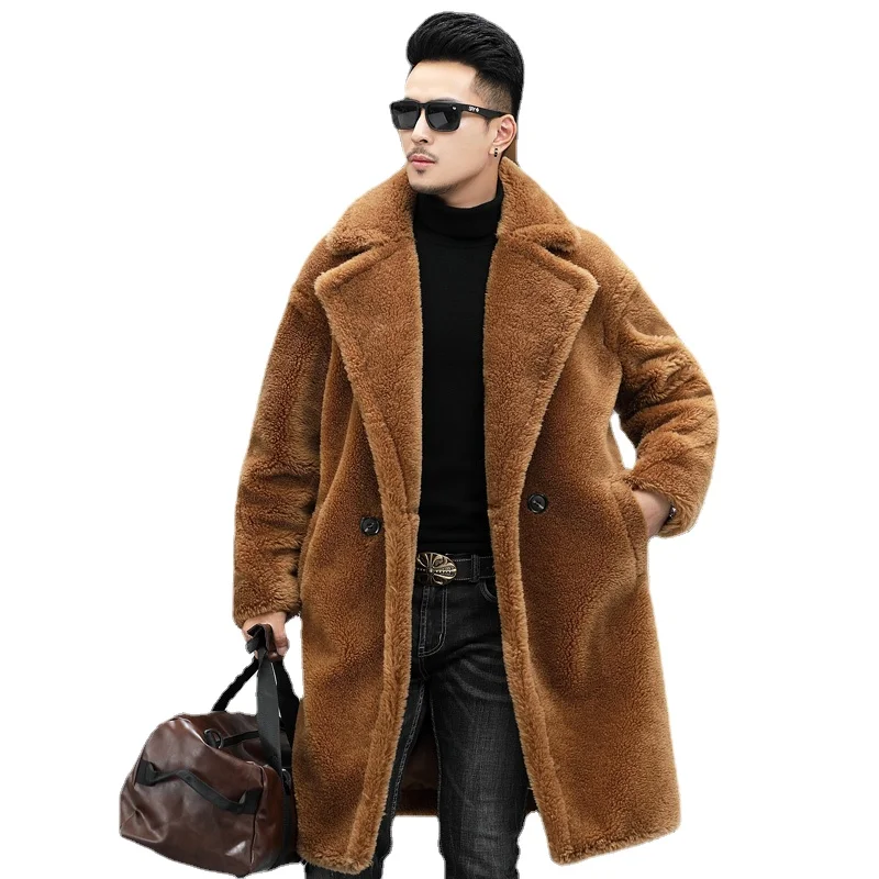 Winter Mens Loose Real Wool Coat Black Brown Cashmere Long Alpaca Trench Overcoat Men Genuine Leather Fur Sherling Jacket
