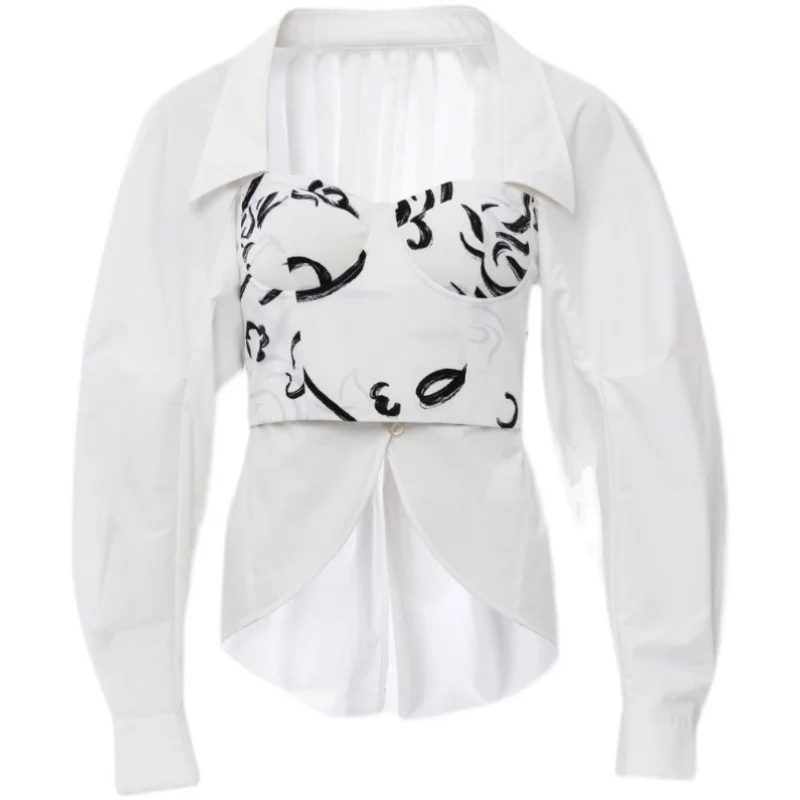 

White Long Sleeve Shirt Women Vintage Design Fake Two-Piece Wrap Chest Slim Blouse Korean Ins Niche Tops Female Clothing