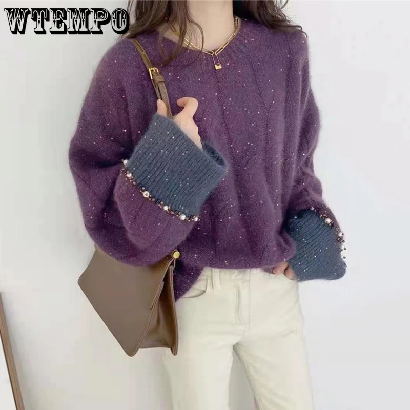 

Sweaters Women Jewelry Pearl Soft Plus Size Loose Fashion Autumn Winter Pullover Sweater 2021 New Thick Warm Cashmere Jumper