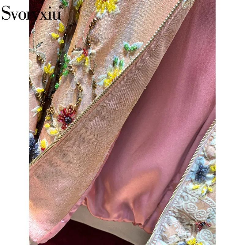 

Svoryxiu Designer Brand Autumn Winter Pink Jackets Short Coat Women's Long Sleeve Manual Beaded Jacquard Fashion Outwear Female