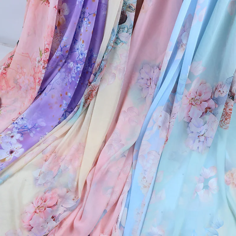 

50D Printed Chiffon Fabrics for Sewing Ancient Costume Hanfu Skirt Yarn Dress Silk Scarf Apparel Fabric By The Meter 100*150cm