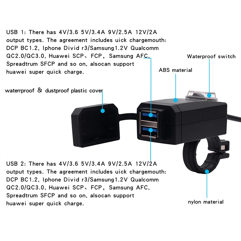 Двойной USB Quick Charge QC3.0 мотоцикл электрический автомобиль Moto оборудование адаптер