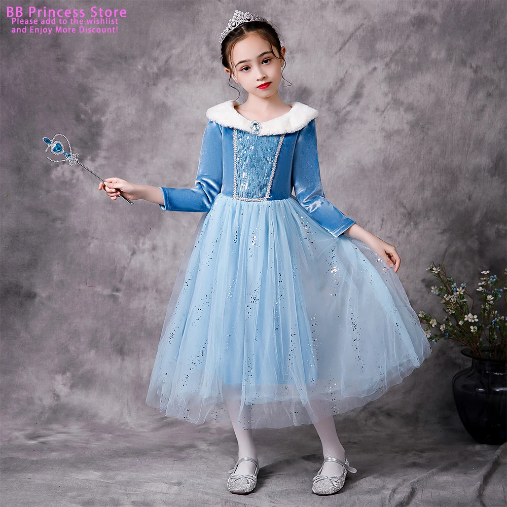 Осенне-зимнее детское платье ледяной королевы принцессы Эльзы юбка анны голубой
