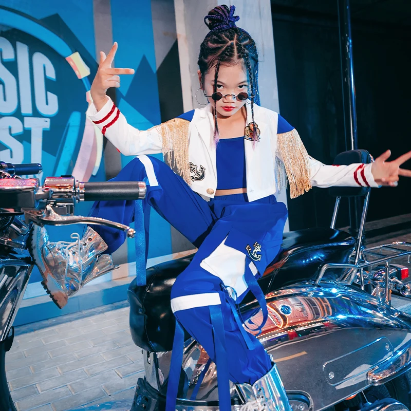 

Kids Jazz Clothes White Jacket Blue Vest Pants Hip Hop Suit Girl Modern Street Dance Clothing Children Festival Clothing