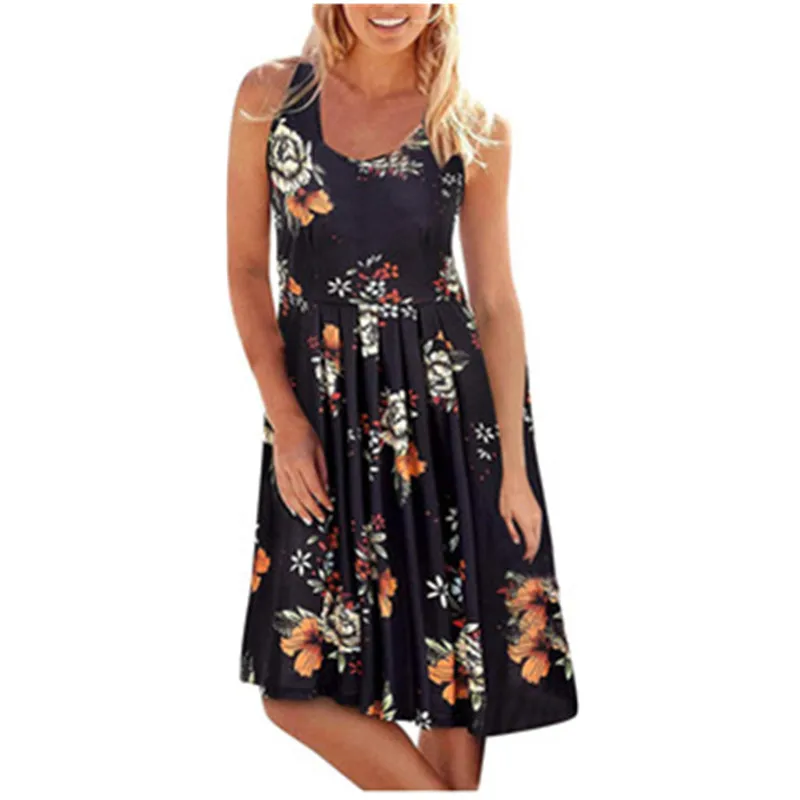

2021 Summer New Midi Pleated Dress Women Sexy Sleeveless Beach Casual Dresses Fashion Leopard Printed Loose Dress Lady Vestidos