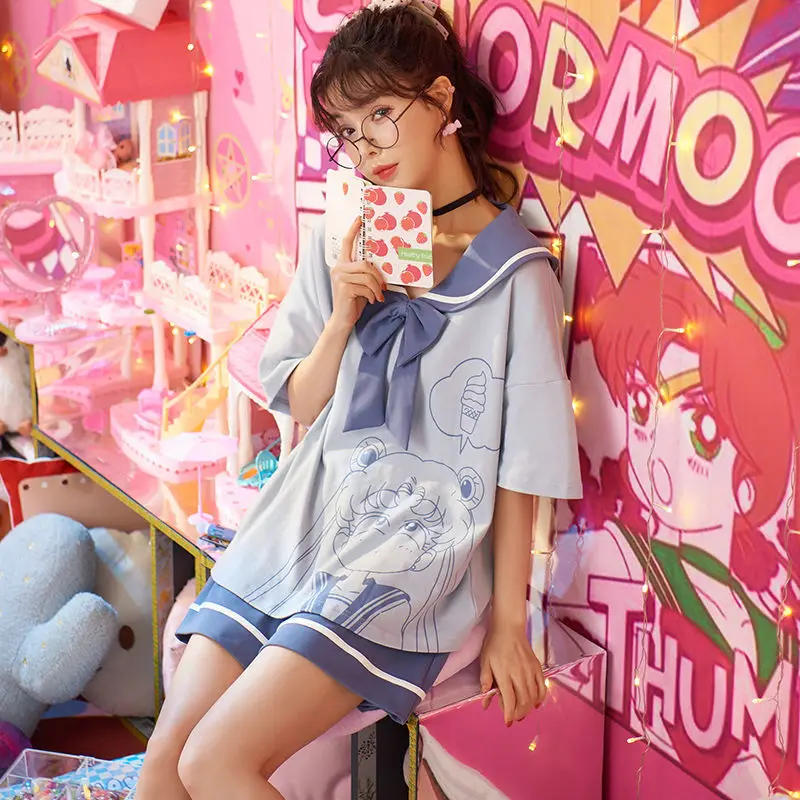 Women Soft Pajama Set Summer Short-sleeved Shorts Suit Pajamas for Women Cool and Cute Princess Style Home Clothes Nightwear