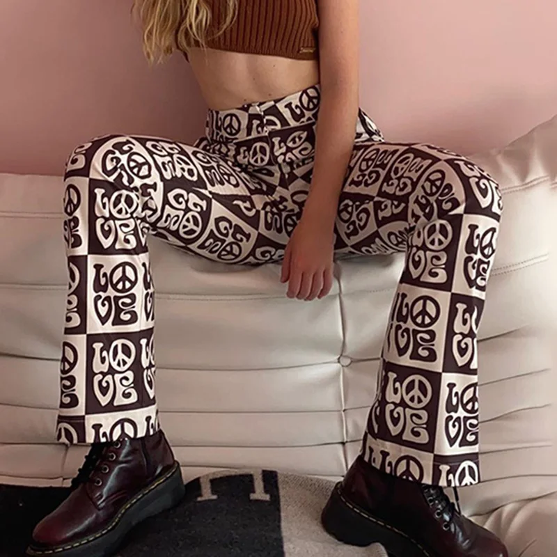 

Split Side Flare Pant Women Pattern Print Women Autumn Casual Slim Streetwear High Waist Trousers Fashion Female Pants