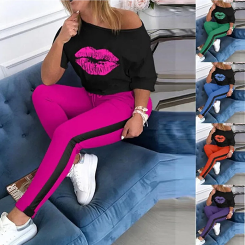 

2021 Summer Women Lips Print Two Piece Set Off Shoulder Tee- Top Pencil Jogger Sweatpants Suit Sporting Tracksuit Overalls