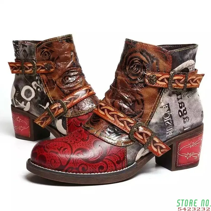 

Fashion Vintage Splicing Printed Ankle Boots for Women Shoes Woman PU Leather Retro Block High Heels Zipper Women Boots Big Size