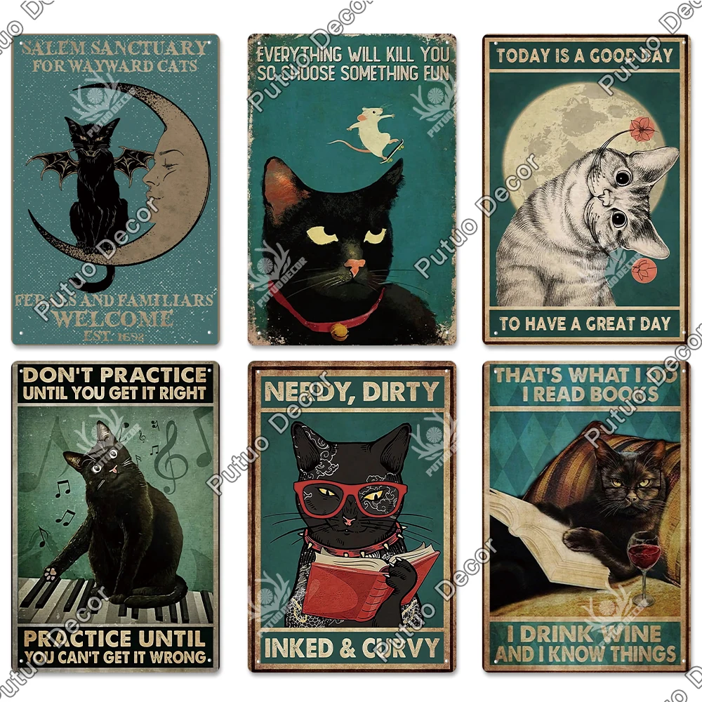 putuo decor black cat vintaget metal sign plaque metal vintage tin sign decoration for living room pet shop home wall decor free global shipping
