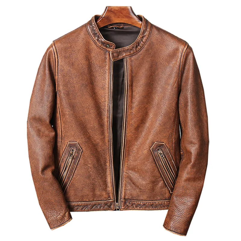 2021 винтажная коричневая кожаная мотоциклетная куртка в американском стиле