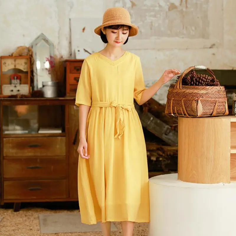 Женское винтажное платье с вышивкой Johnature свободное коротким рукавом и v образным