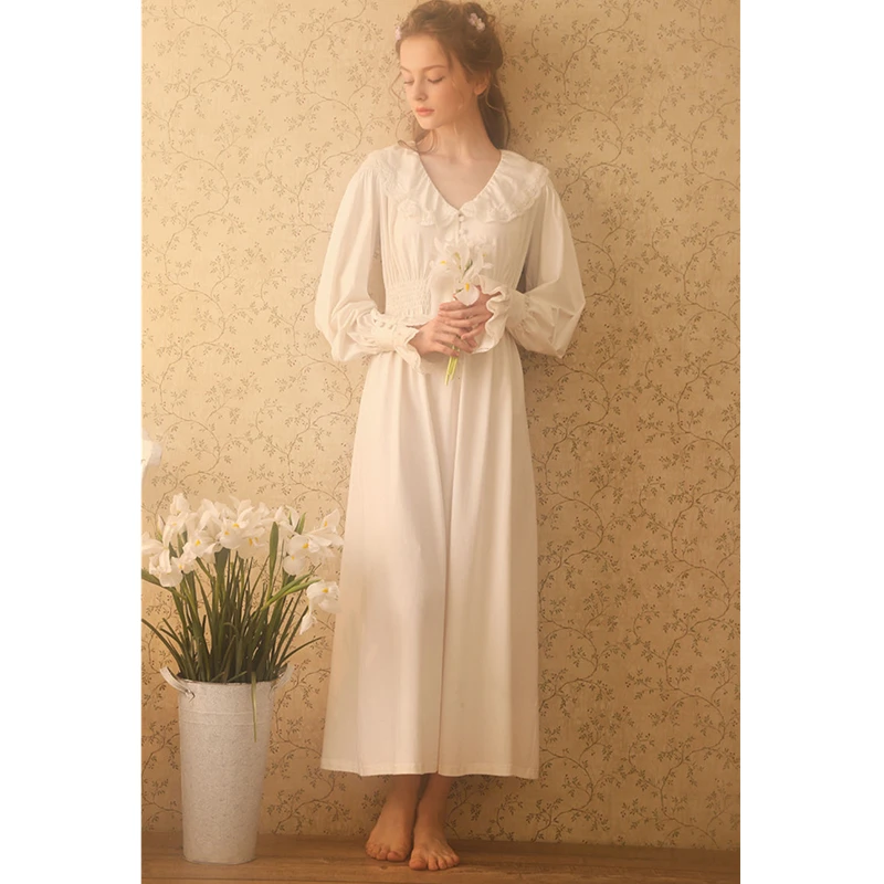 2020 осенняя одежда для сна винтажная белая хлопковая ночная рубашка размера плюс