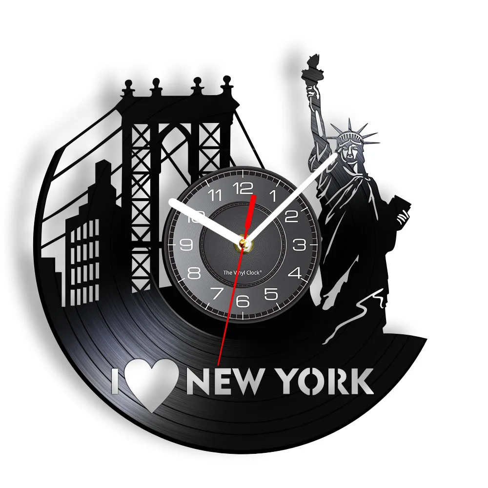 New York Skyline Travel Gramophone Record Wall Clock Statue of Liberty Home Decor USA Cityscape NY Vintage Silent Wall Clock